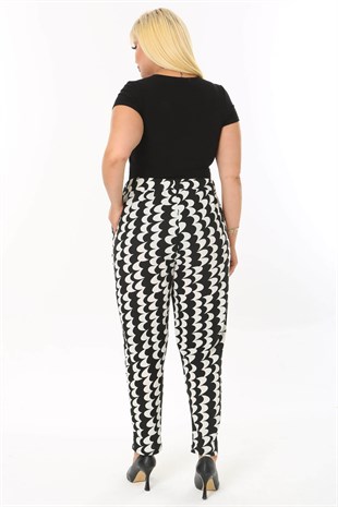 Kadın Siyah Beyaz Dalga Desen Esnek Krep Kumaş Havuç Pantolon
