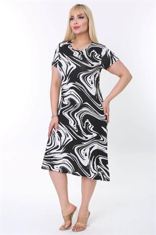 Kadın Siyah Beyaz Dalga Desen Midi Elbise