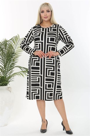 Kadın Siyah Beyaz Geometrik Çizgi Desen Cep Detay Büyük Beden Esnek Süet Elbise