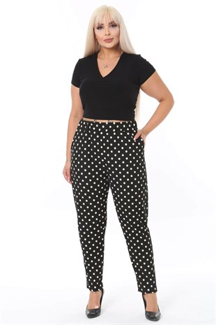 Kadın Siyah Beyaz Puantiye Desen Esnek Krep Kumaş Havuç Pantolon