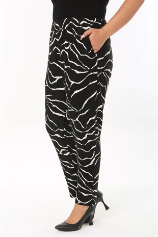 Kadın Siyah Cam Kırığı Desen Esnek Krep Kumaş Havuç Pantolon