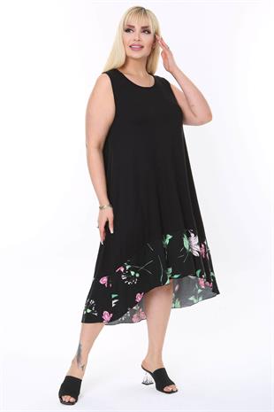 Kadın Siyah Etek Ucu Pembe Çiçek Desenli Sıfır Kol Esnek Elbise