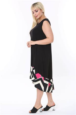 Kadın Siyah Etek Ucu Pembe Geometrik Desenli Sıfır Kol Esnek Elbise
