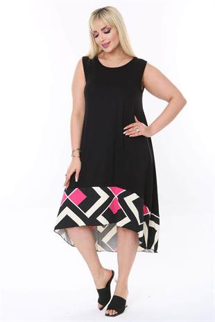 Kadın Siyah Etek Ucu Pembe Geometrik Desenli Sıfır Kol Esnek Elbise