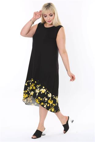 Kadın Siyah Etek Ucu Sarı Çiçek Desenli Sıfır Kol Esnek Elbise
