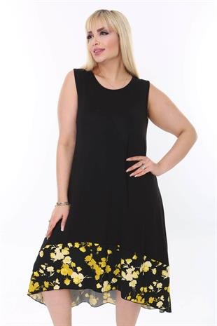 Kadın Siyah Etek Ucu Sarı Çiçek Desenli Sıfır Kol Esnek Elbise