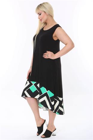 Kadın Siyah Etek Ucu Yeşil Geometrik Desenli Sıfır Kol Esnek Elbise