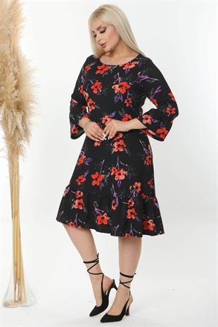 Kadın Siyah Kırmızı Floral Desen Kol ve Etek Ucu Fırfırlı Büyük Beden Esnek Elbise