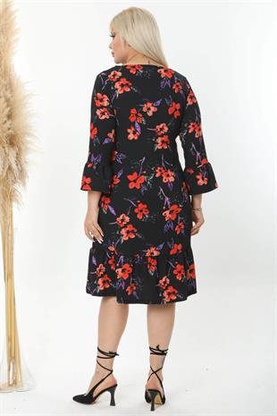 Kadın Siyah Kırmızı Floral Desen Kol ve Etek Ucu Fırfırlı Büyük Beden Esnek Elbise