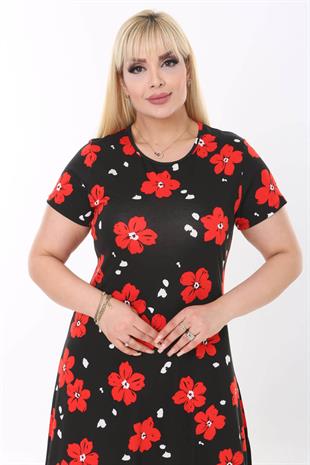 Kadın Siyah Kırmızı Floral Desen Midi Elbise