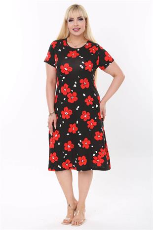 Kadın Siyah Kırmızı Floral Desen Midi Elbise