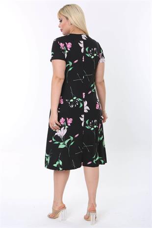 Kadın Siyah Pembe Çiçek Desen Midi Elbise