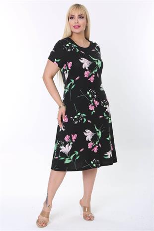 Kadın Siyah Pembe Çiçek Desen Midi Elbise