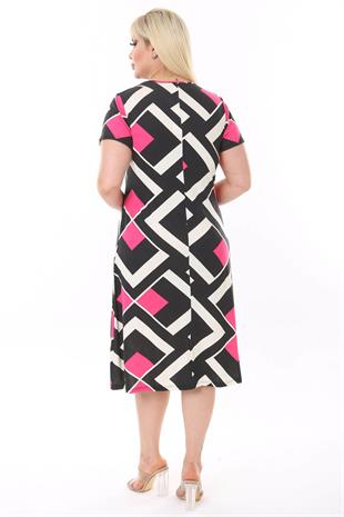 Kadın Siyah Pembe Geometrik Desen Midi Elbise