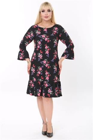Kadın Siyah Pembe Kırçiçeği Desen Kol ve Etek Ucu Fırfırlı Büyük Beden Esnek Elbise
