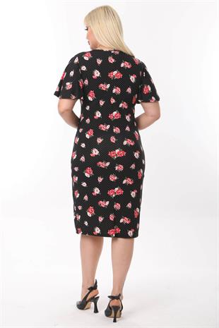 Kadın Siyah Puantiye ve Çiçek Desenli Kelebek Kol Kuplu Büyük Beden Elbise