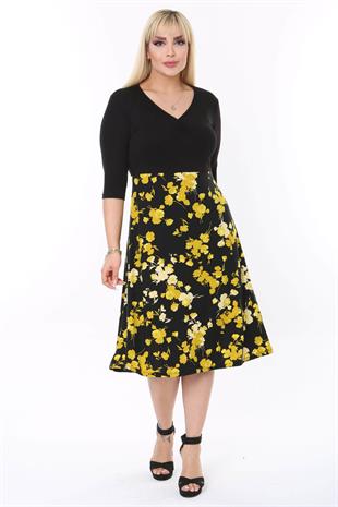 Kadın Siyah Sarı Floral Desen Bloklu V Yaka Elbise