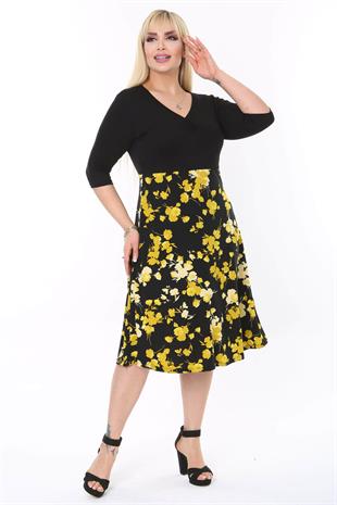 Kadın Siyah Sarı Floral Desen Bloklu V Yaka Elbise