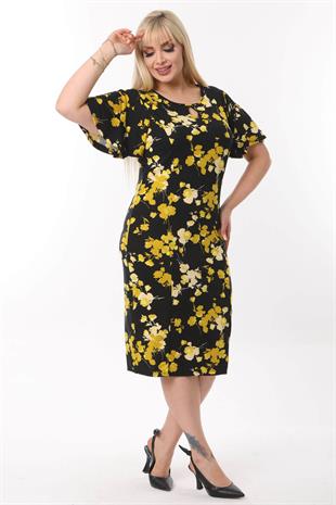 Kadın Siyah Sarı Floral Desenli Kelebek Kol Kuplu Büyük Beden Elbise