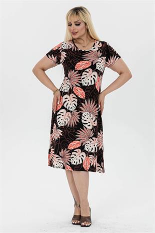 Kadın Siyah Somon Cangıl Desen Geometrik Desen Midi Elbise