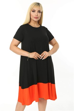 Kadın Siyah Turuncu Renk Bloklu Büyük Beden Elbise