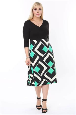 Kadın Siyah Yeşil Geometrik Desen Bloklu V Yaka Elbise