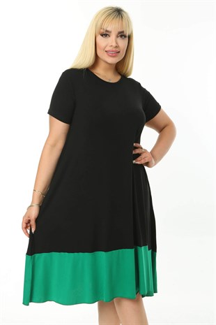 Kadın Siyah Yeşil Renk Bloklu Büyük Beden Elbise