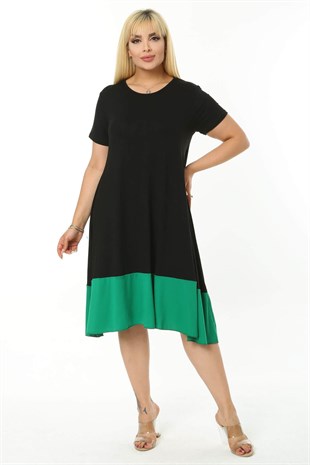 Kadın Siyah Yeşil Renk Bloklu Büyük Beden Elbise