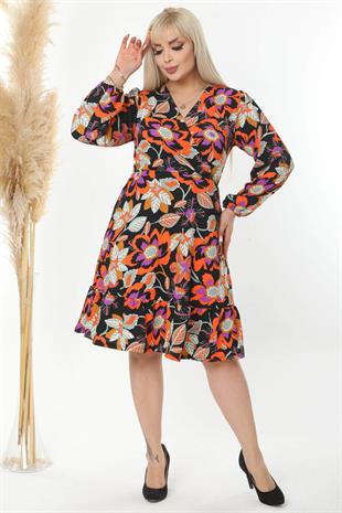 Kadın Turuncu Mor Floral Desen Kruvaze Yaka Balon Kol Büyük Beden Esnek Elbise