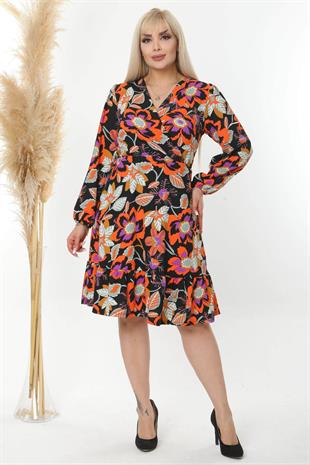 Kadın Turuncu Mor Floral Desen Kruvaze Yaka Balon Kol Büyük Beden Esnek Elbise