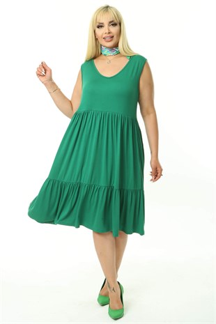 Kadın Yeşil Büyük Beden Katlı Elbise