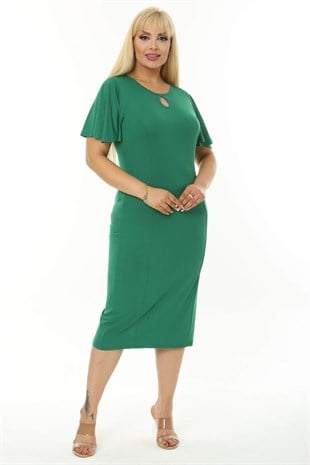 Kadın Yeşil Kelebek Kol Kuplu Büyük Beden Elbise