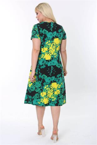 Kadın Yeşil Sarı Floral Desen Midi Elbise