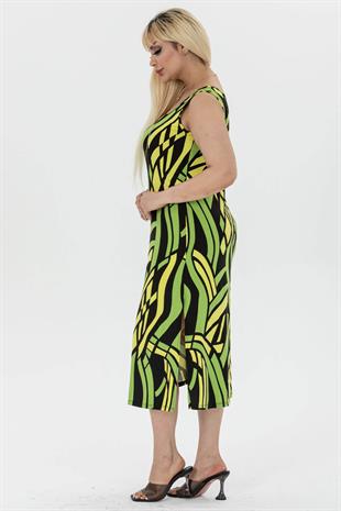 Kadın Yeşil Sarı Geometrik Desen Yırtmaç Detay Askılı Elbise