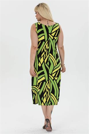 Kadın Yeşil Sarı Geometrik Desen Yırtmaç Detay Askılı Elbise