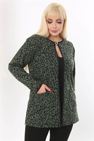 Kadın Yeşil Siyah Tiger Desen Broş Detay Cepli Ceket