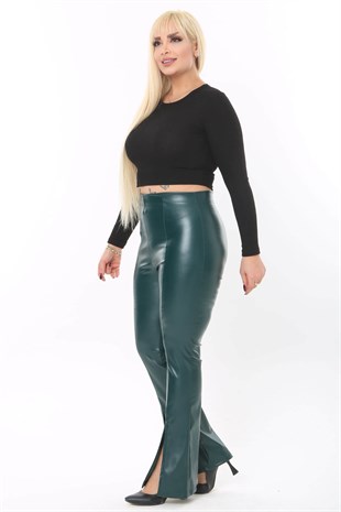 Kadın Yeşil Yırtmaç Detay Esnek Suni Deri Pantolon