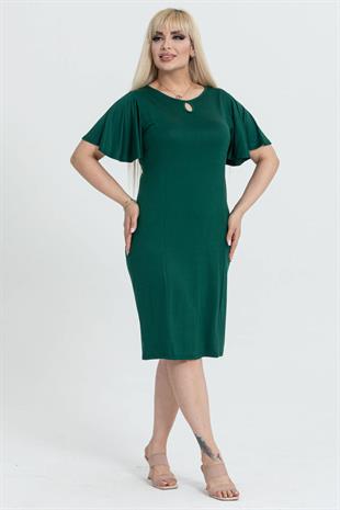 Kadın Zümrüt Yeşil Kelebek Kol Kuplu Büyük Beden Elbise
