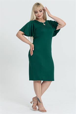 Kadın Zümrüt Yeşil Kelebek Kol Kuplu Büyük Beden Elbise
