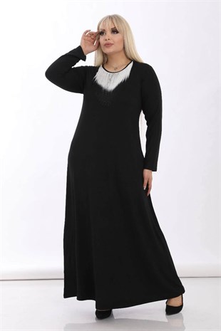 Mooixxl Kadın Siyah Püskül Yaka Detaylı Büyük Beden Elbise