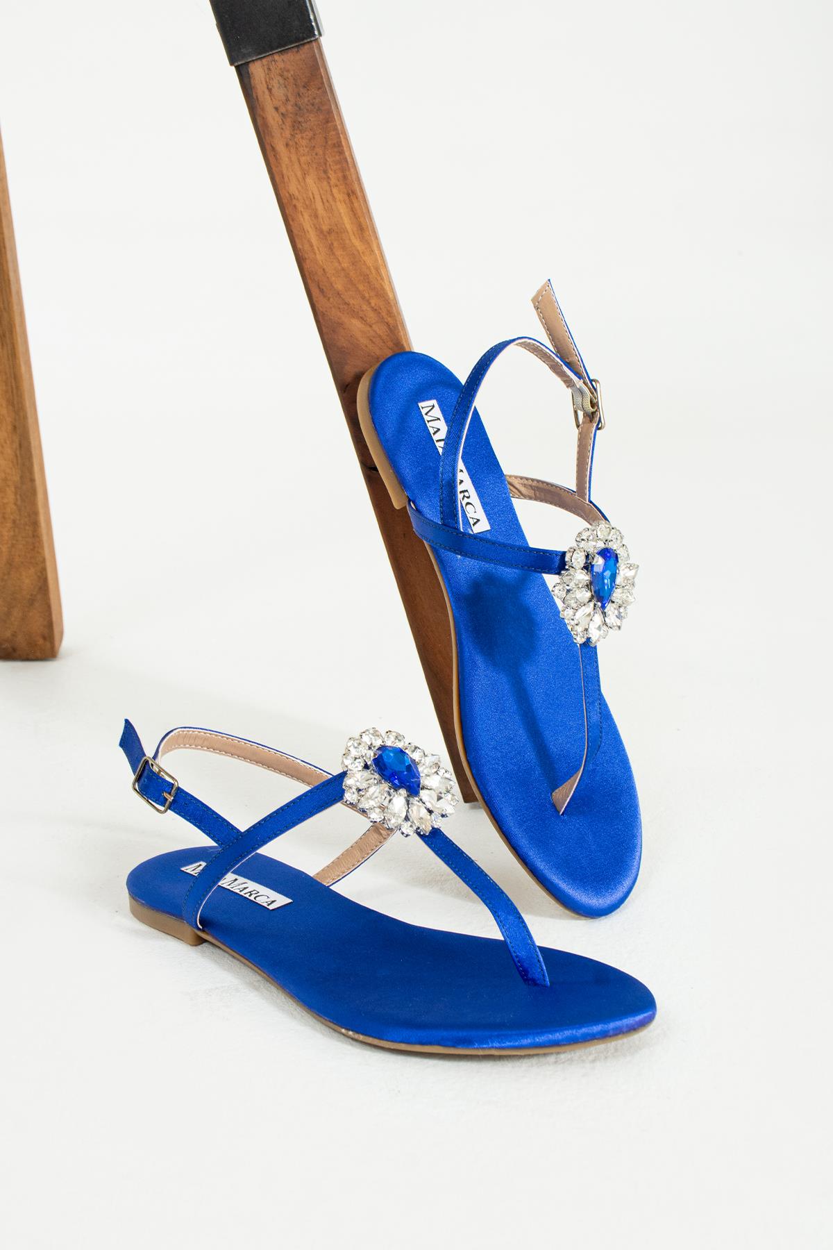 Maia Dubai Saten Mavi Taşlı Sandalet