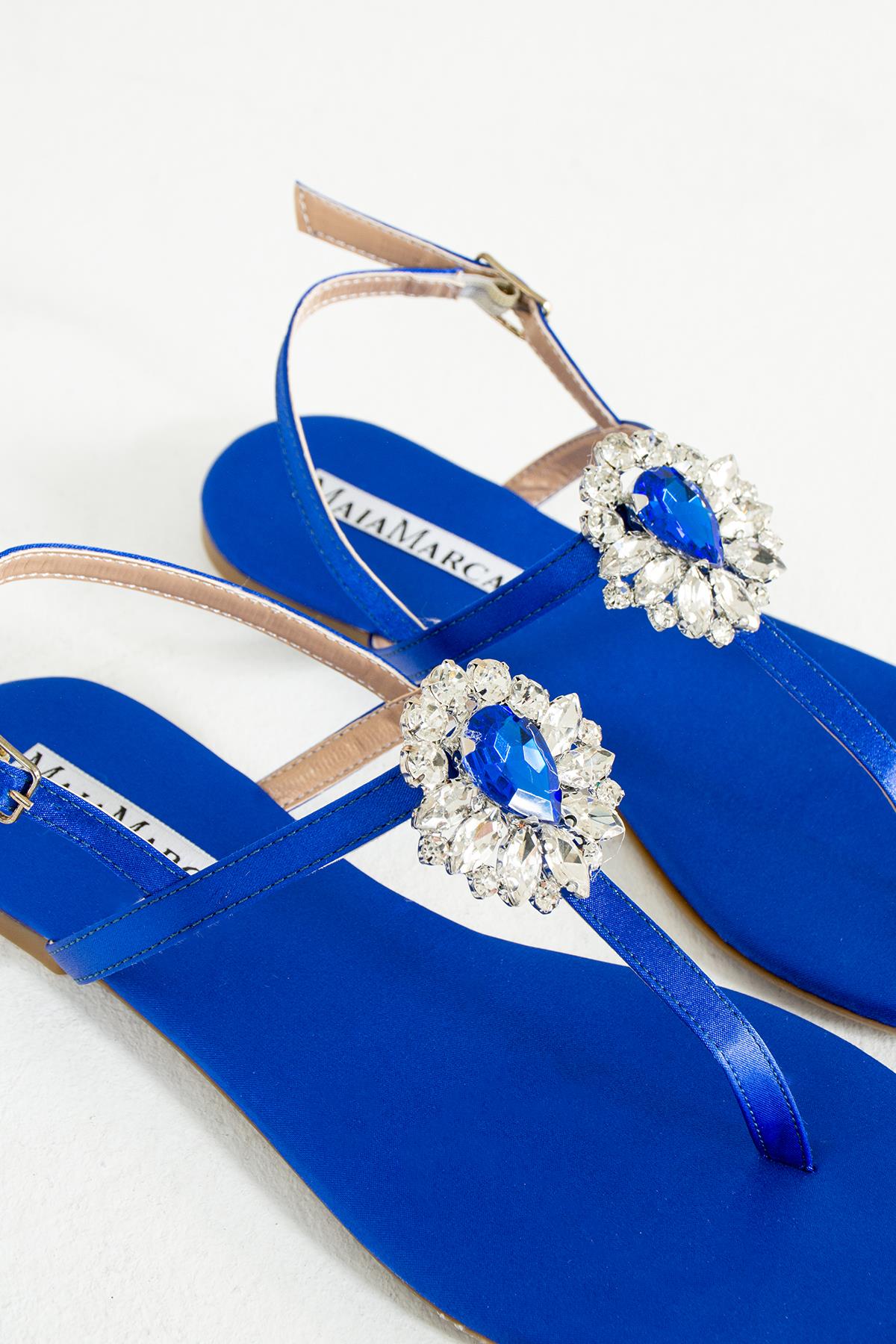 Maia Dubai Saten Mavi Taşlı Sandalet