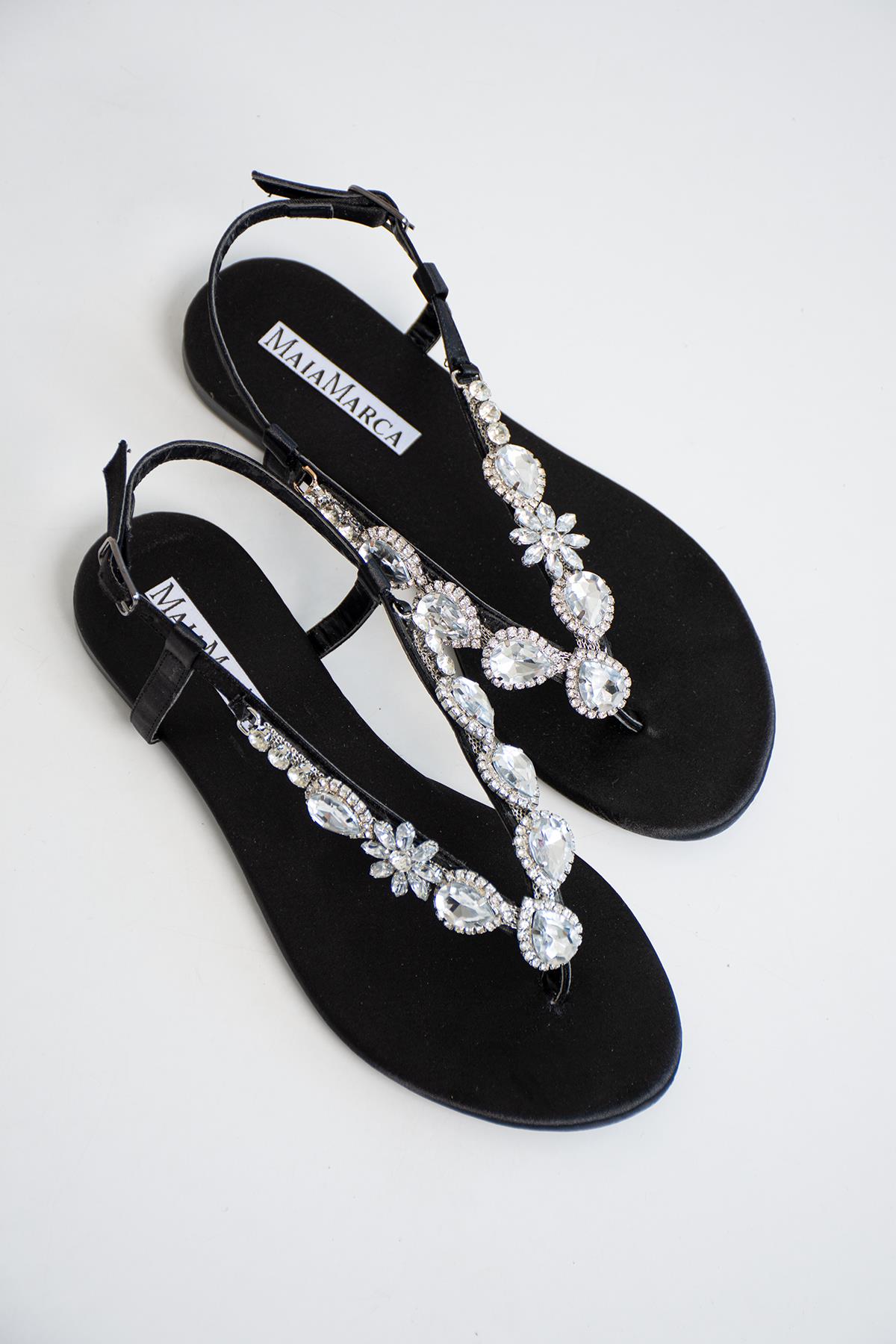 Maia Satin Black Stone Sandals