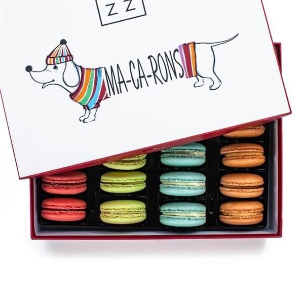 Köpekli Kutuda 24 lü Makaron (Çilek-Hindistan Cevizi-Antep Fıstık-Karamel)