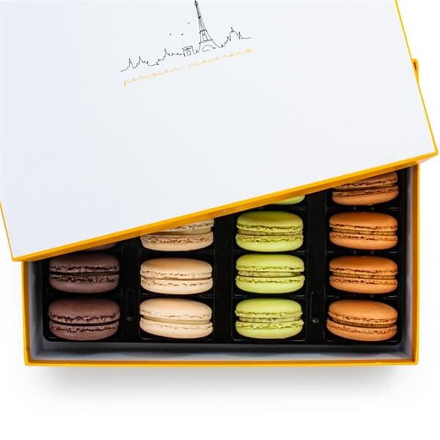 Sarı Paris Kutuda 24 lü Makaron (Antep Fıstık-Karamel-Çikolata-Vanilya)