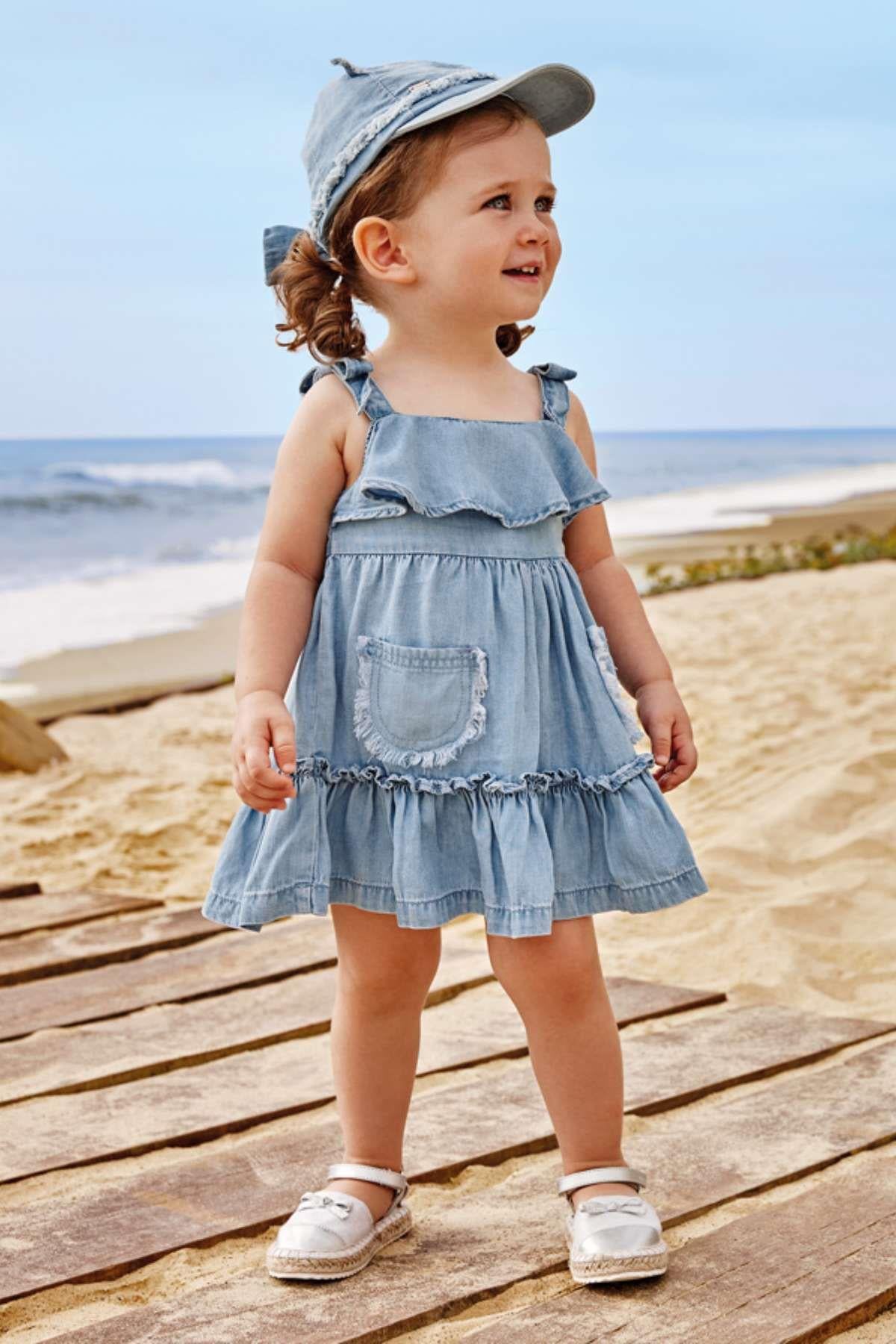12-36 Ay Kız Bebek Lyocell Denim Dökümlü Elbise