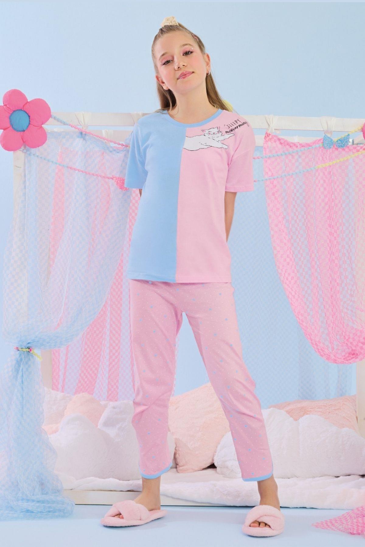 3-10 Yaş Kız Çocuk Grage Yarım Kollu Pijama Takım Pembe