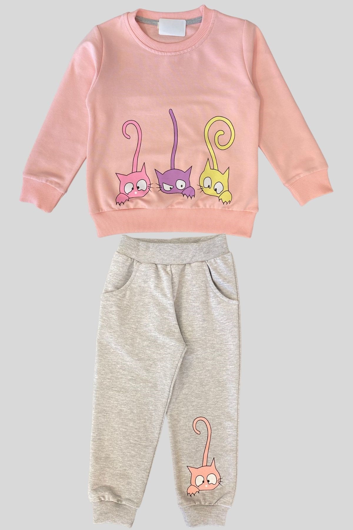3-7 Yaş Kız Çocuk Kedi Desenli Takım Pudra