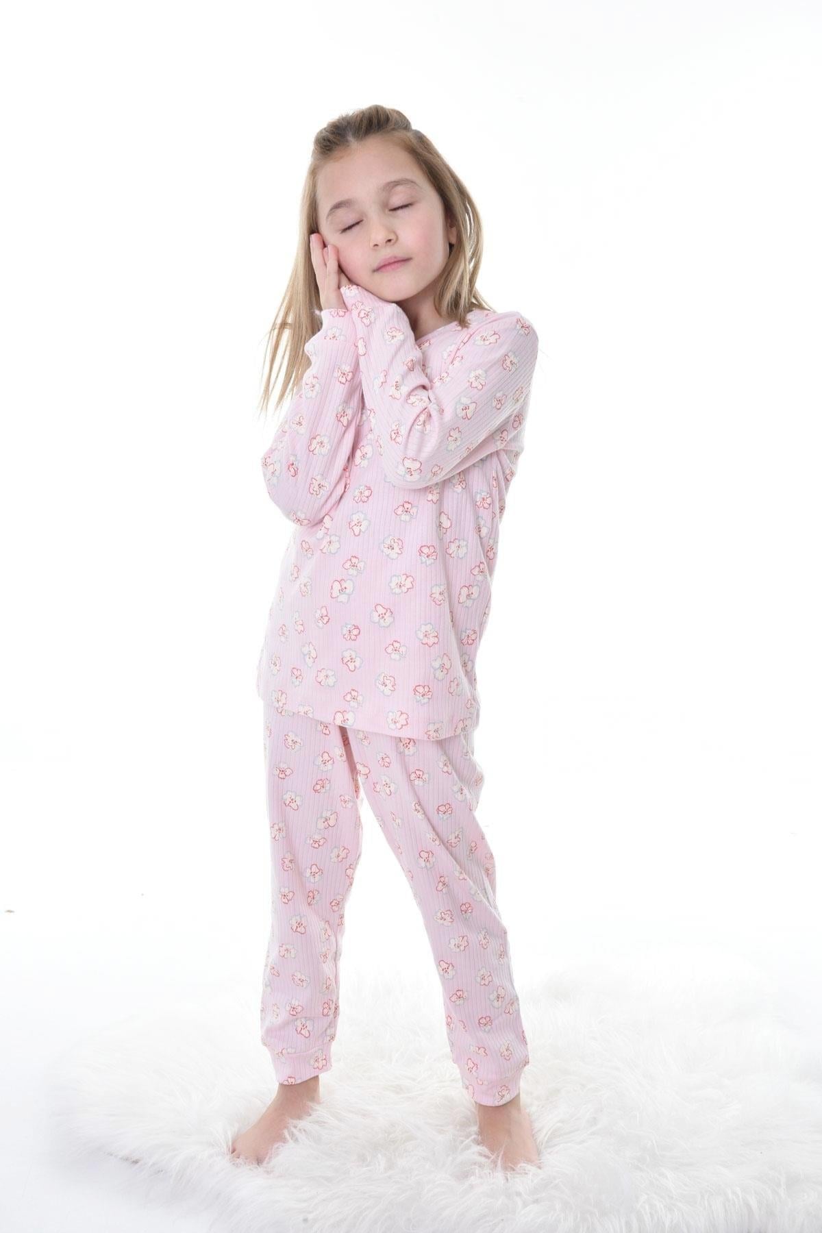 3-8 Yaş Kız Çocuk Çiçekli Fitilli Pijama Takımı