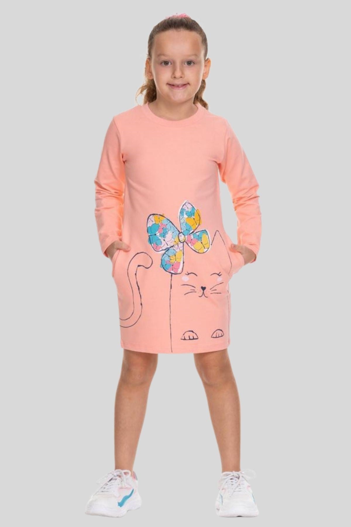 3-8 Yaş Kız Çocuk Kedi Desenli Sweat Elbise